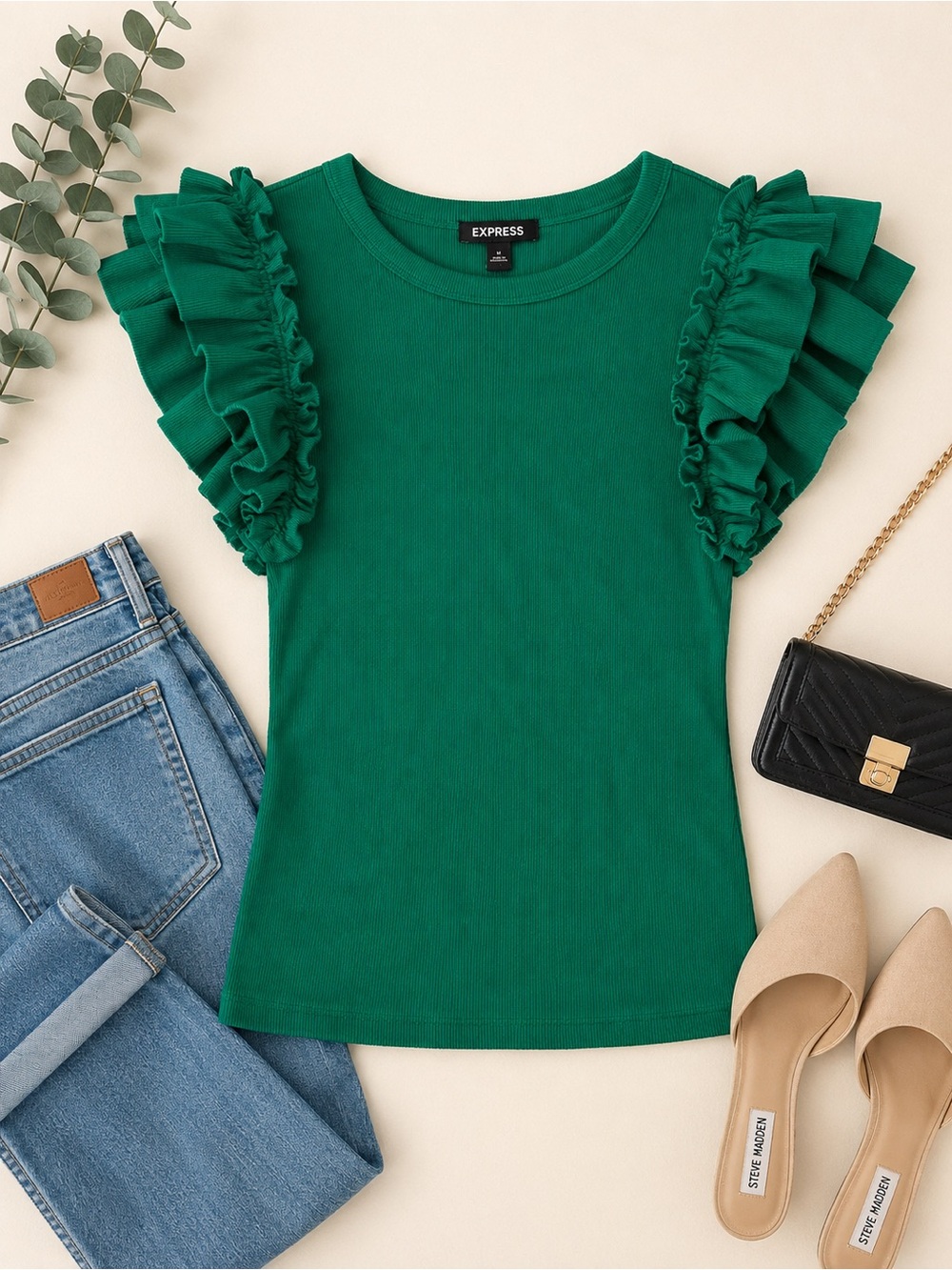 Express Emerald Green Ribbed Ruffle Sleeve Top Medium Cotton Stretch